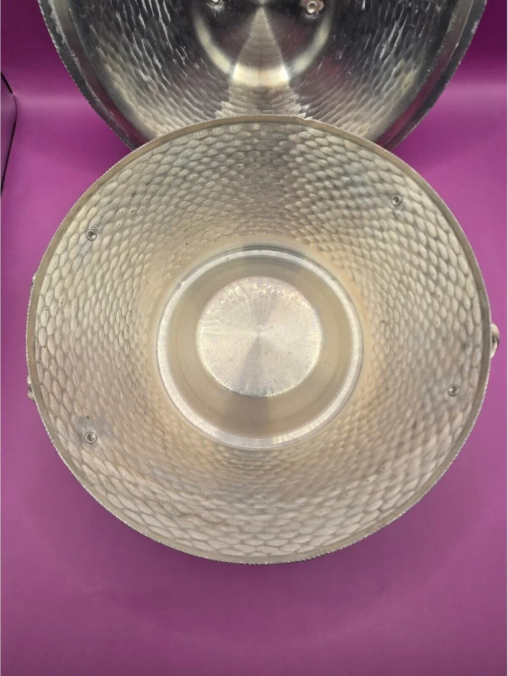 Vintage Mid-Century Masco Italy Hammered Aluminum Bowl with Lid,Twisted Handles